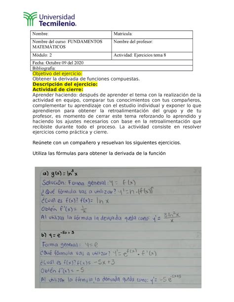 Ejercicio 8 Fundamentos Matematicos Objetivo Del Ejercicio Obtener