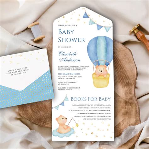 Blue Hot Air Balloon Teddy Bear Baby Shower All In One Invitation Zazzle
