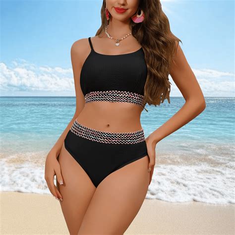 Fulorrnie Women S Two Piece Swimsuit High Waisted Bikini Set Adjustable Ties Wave Trim Black L
