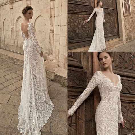 Sheath Mermaid Lace Backless Wedding Dresses Long Sleeves Winter Bridal