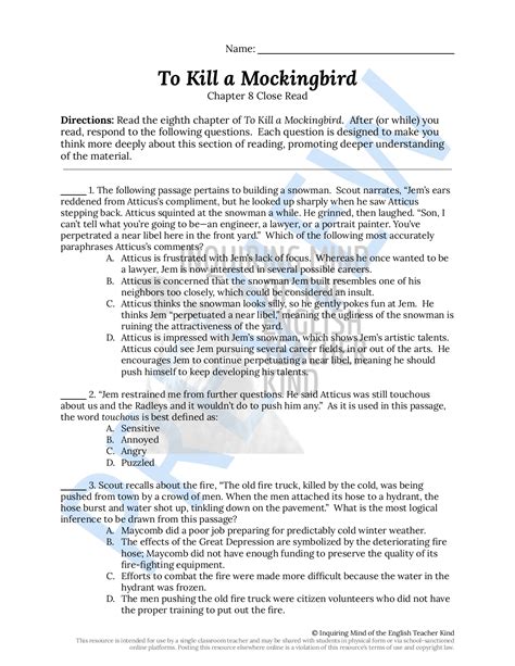 To Kill a Mockingbird Chapter 8 Close Reading Worksheet | Teaching