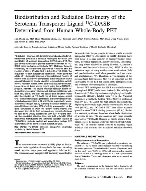 Pdf Biodistribution And Radiation Dosimetry Of The Serotonin