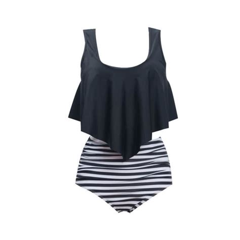 Maillots De Bain Pi Ces Femme Volants Bikini Taille Haute Sexy Rayures Noir Mixte