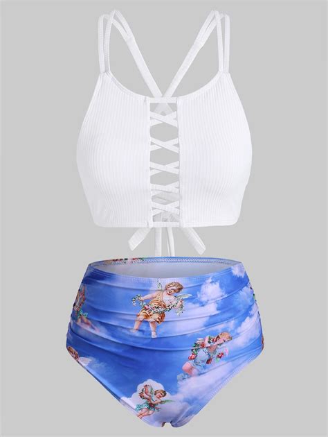 OFF Ribbed Lattice Angel Print Ruched Bikini Swimwear In WHITE DressLily