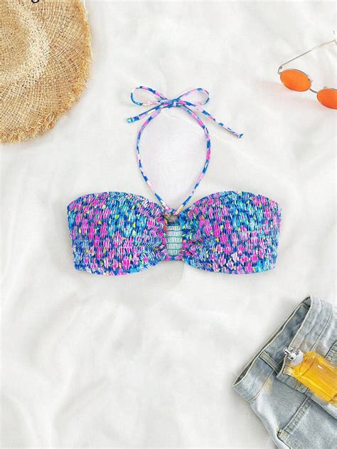 Swim Mod Summer Beach Ditsy Floral Print Halter Bikini Top SHEIN USA