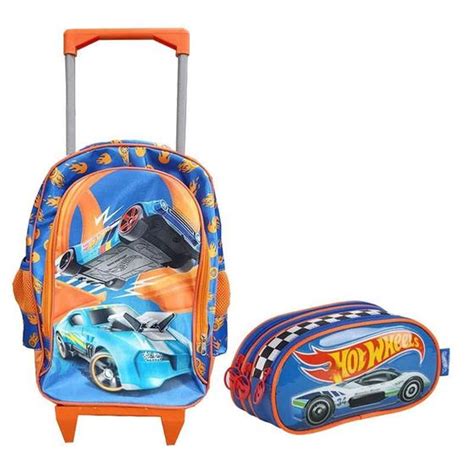 Kit Mochila Rodinhas Hot Wheels E Estojo Escolar Infantil Triplo EI HW Azul Maxlog