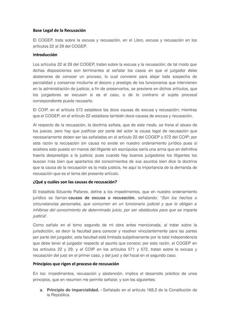 Excusa Y Recusaci N Base Legal De La Recusaci N El Cogep Trata Sobre