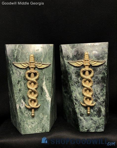 Brass Caduceus Engraved Green Marble Bookends Set Of 2