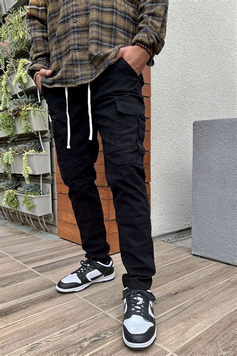 black cargo pants outfits  men flap pocket side trousers