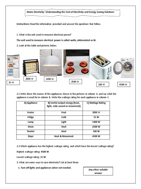 Answer Sheet | PDF | Electric Power | Energy Conservation