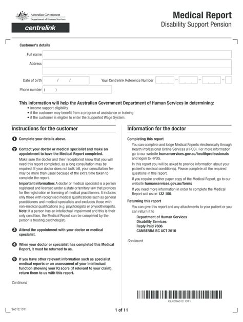 Medical Report Disability Support Pension Form Sa012 Fill Out Sign