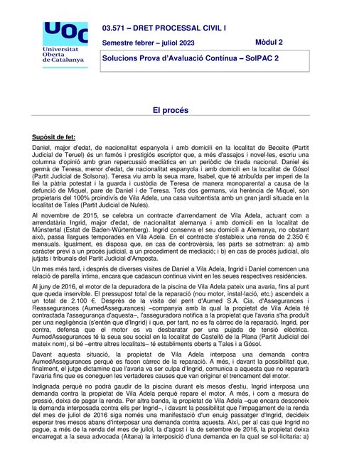 Pac 2 Processal Solucio 03 DRET PROCESSAL CIVIL I Semestre Febrer