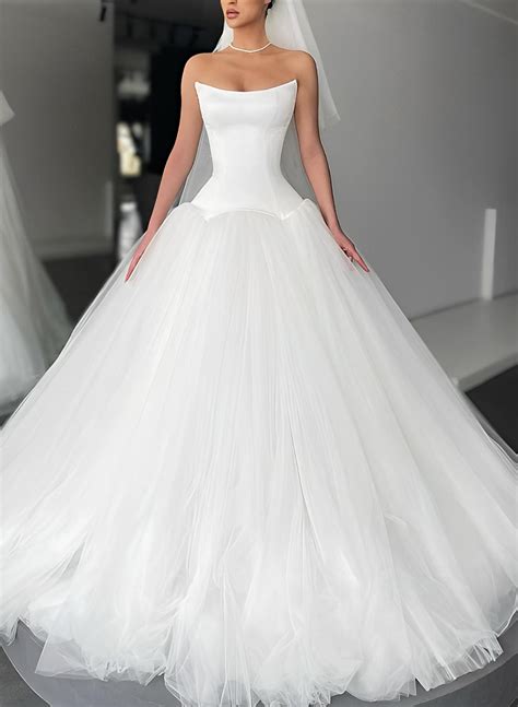 Ball Gown Sleeveless Sweep Train Satin Tulle Wedding Dresses Missacc