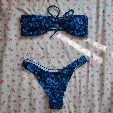 Super Cute Strapless Blue Hibiscus Bikini Set From Depop