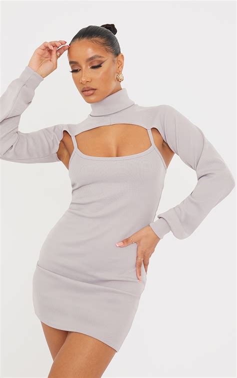 Grey Rib High Neck 2 In 1 Strappy Bodycon Dress Prettylittlething