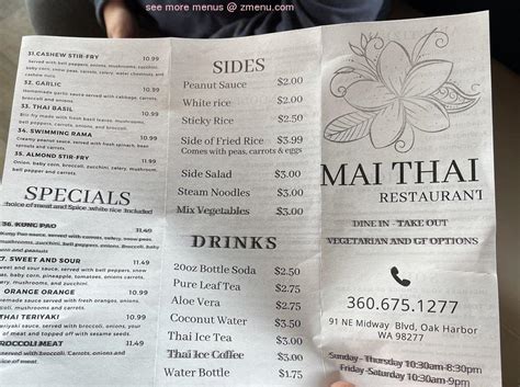 menu  mai thai restaurant restaurant oak harbor washington