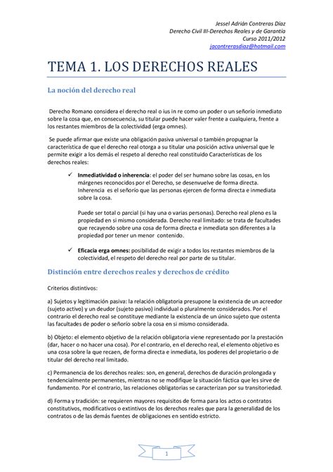 Tema 1 Los Derechos Reales La Noción Del Derecho Real Apuntes De