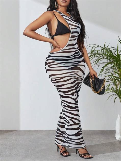 SHEIN Slayr Zebra Striped Cut Out Mesh Dress Without Lingerie Set