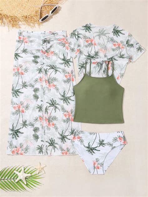 Chicas adolescentes con estampado tropical Bañador bikini con cover up