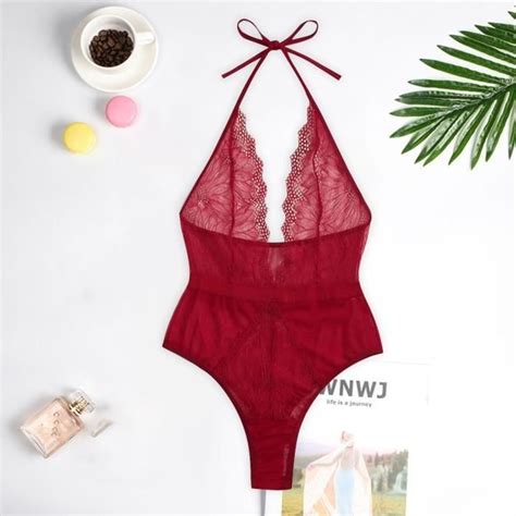 Nouveau Femmes Lingerie Dentelle Teddy Profond Col En V Dos Nu Body Babydoll Sous Vêtements Red