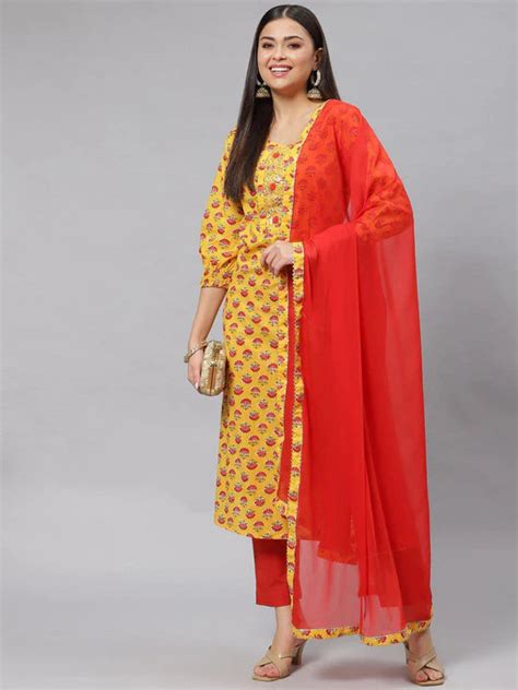 Yellow Floral Cotton Kurta Pant Set With Dupatta Aravalii