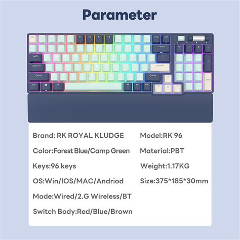 New Royal Kludge Rk Forest Blue Wireless Bluetooth Mechanical Keyboard Three Mode Rgb Hot Swap