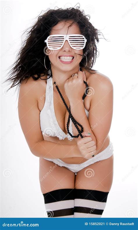 Pretty Female In White Bikini And Stripe Stockings Stock Image Image