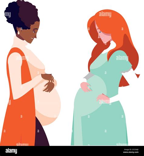 Red Hair And Black Pregnant Women Cartoons Design Belly Pregnancy