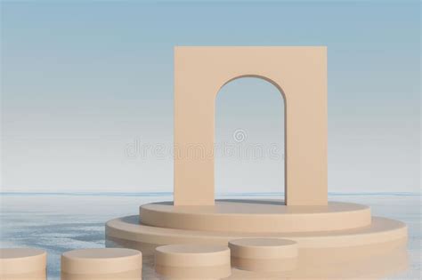 Beige Podium With Arch On Water Mockup For Product Display Stock