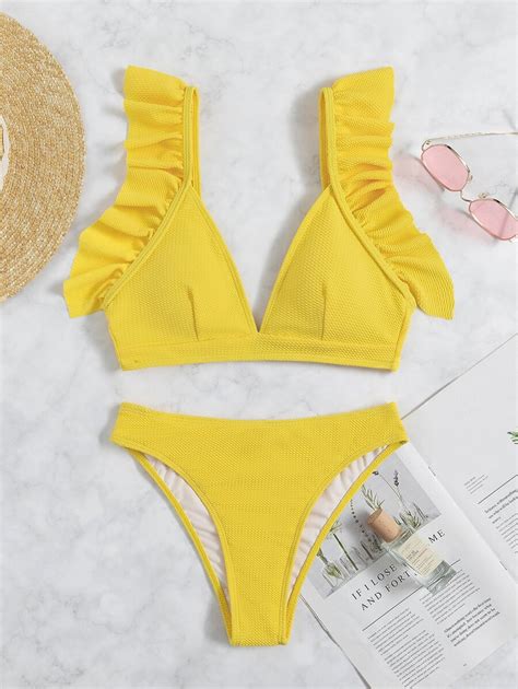 Bikini Texturizado Con Ribete De Volantes Mode de Mujer SHEIN España