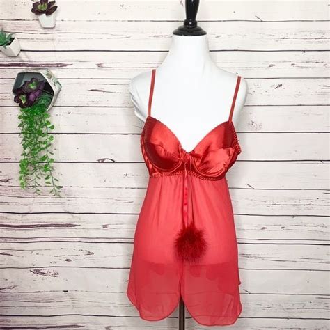 Vintage Red Sheer Babydoll Lingerie W Poms Medium Gem