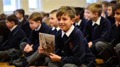 Premium Photo | Boy Wearing School Uniform Reading Book In Library