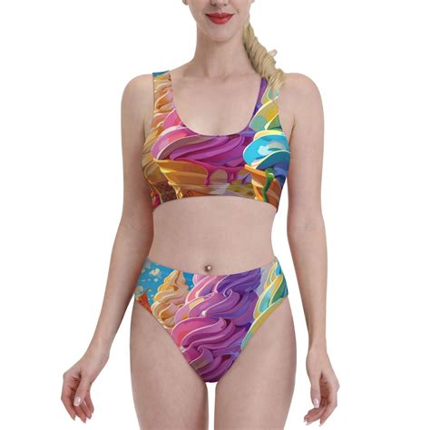 Logiee Rainbow Melting Ice Cream Print Women S Piece Bikini Set Halter Bathing Suit High