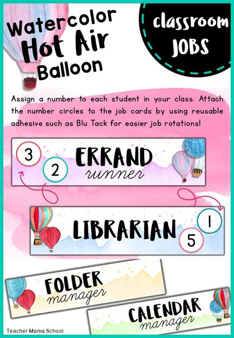Editable Classroom Jobs Watercolor Hot Air Balloon Theme Classroom Jobs Teacher Favorite