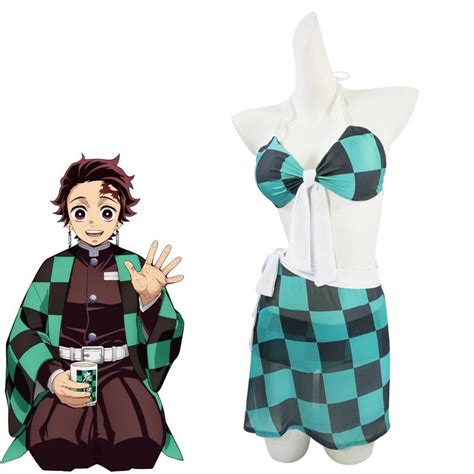 Demon Slayer Tanjiro Kamado Cosplay Swimsuit Green Checkered Pattern Bikini With Sarong Wrap