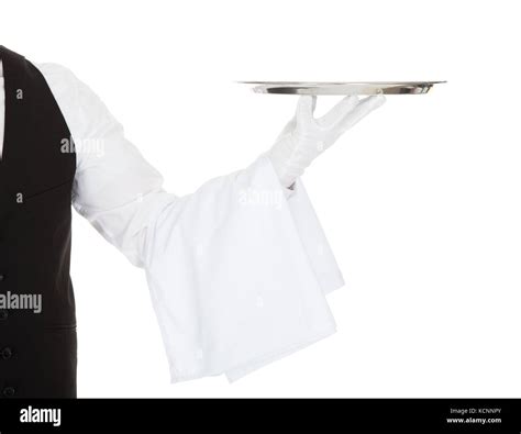 Waiter Holding Empty Silver Tray Over White Background Stock Photo Alamy