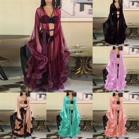 Women Sexy Robes Solid Lingerie Long Sleeves Lace Dress Sheer Gown See