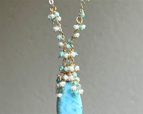 Larimar Necklace Laguna Larimar Pearls And Amazonite Dainty Necklace