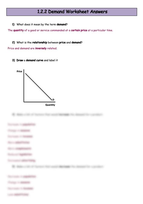 Demand Worksheet A Level Economics Teaching Resources Worksheets