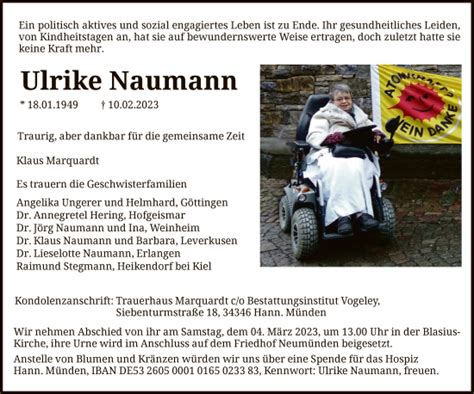 Traueranzeigen Von Ulrike Naumann Trauer HNA De