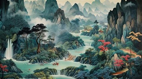 Premium AI Image | Asian landscape illustration