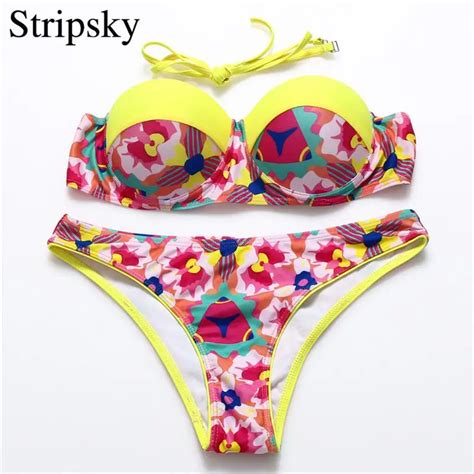 Stripsky Print Bikini Sexy Bandeau Swimsuit Push Up Swimwear Swimsuits Women Bikini Set Bandage