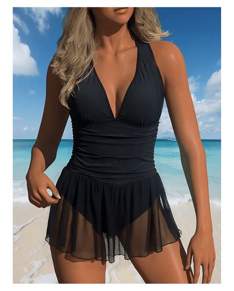 Women's Halter Swimsuit Black One Piece - Sexy Backless Tummy Control