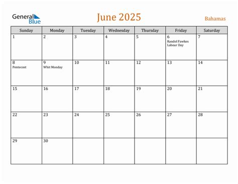 June 2025 Monthly Calendar with Bahamas Holidays