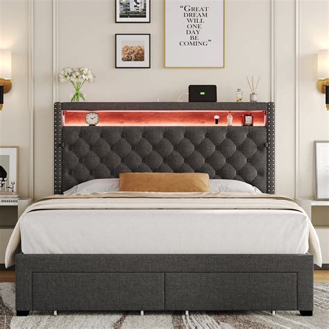 Homfa Queen Size Led Bed Frame With Outlets And Usb Ports Modern Stor