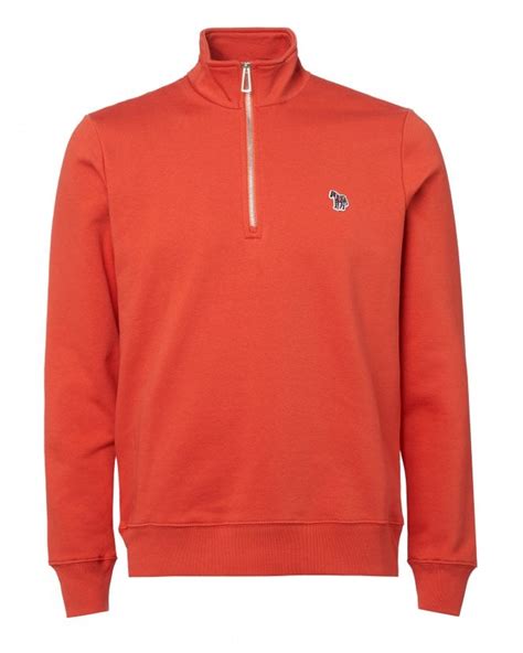 Paul Smith Mens Zebra Logo Zip Neck Sweatshirt Orange Jumper