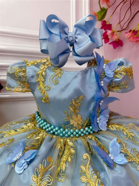 Vestido Infantil Azul Renda Realeza E Aplique De Borboletas Rosa