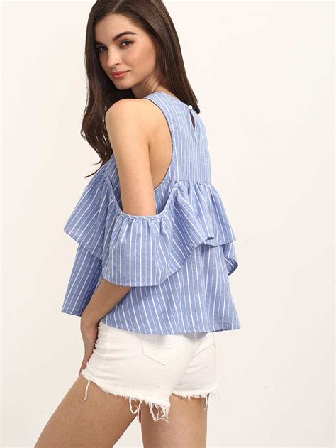 Striped Open Shoulder Frill Keyhole Back Blouse Shein Sheinside