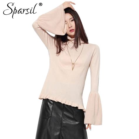 Sparsil Women Flare Sleeve Cashmere Blend Sweater Winterandautumn Lady