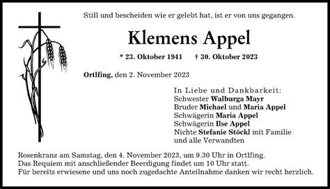 Traueranzeigen Von Klemens Appel Augsburger Allgemeine Zeitung